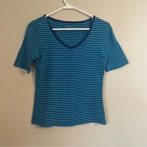 Talbots Teal and Navy Striped Short Sleeve Top 100% Cotton - Size 0P